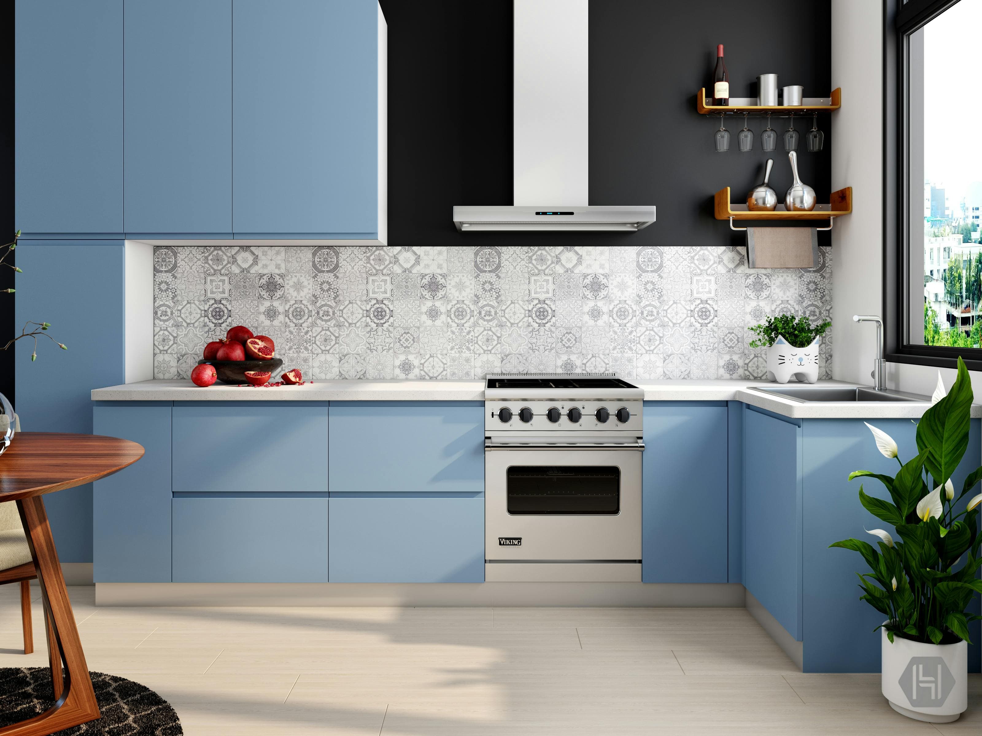 A Bold Sky Blue And White Modular Kitchen Design