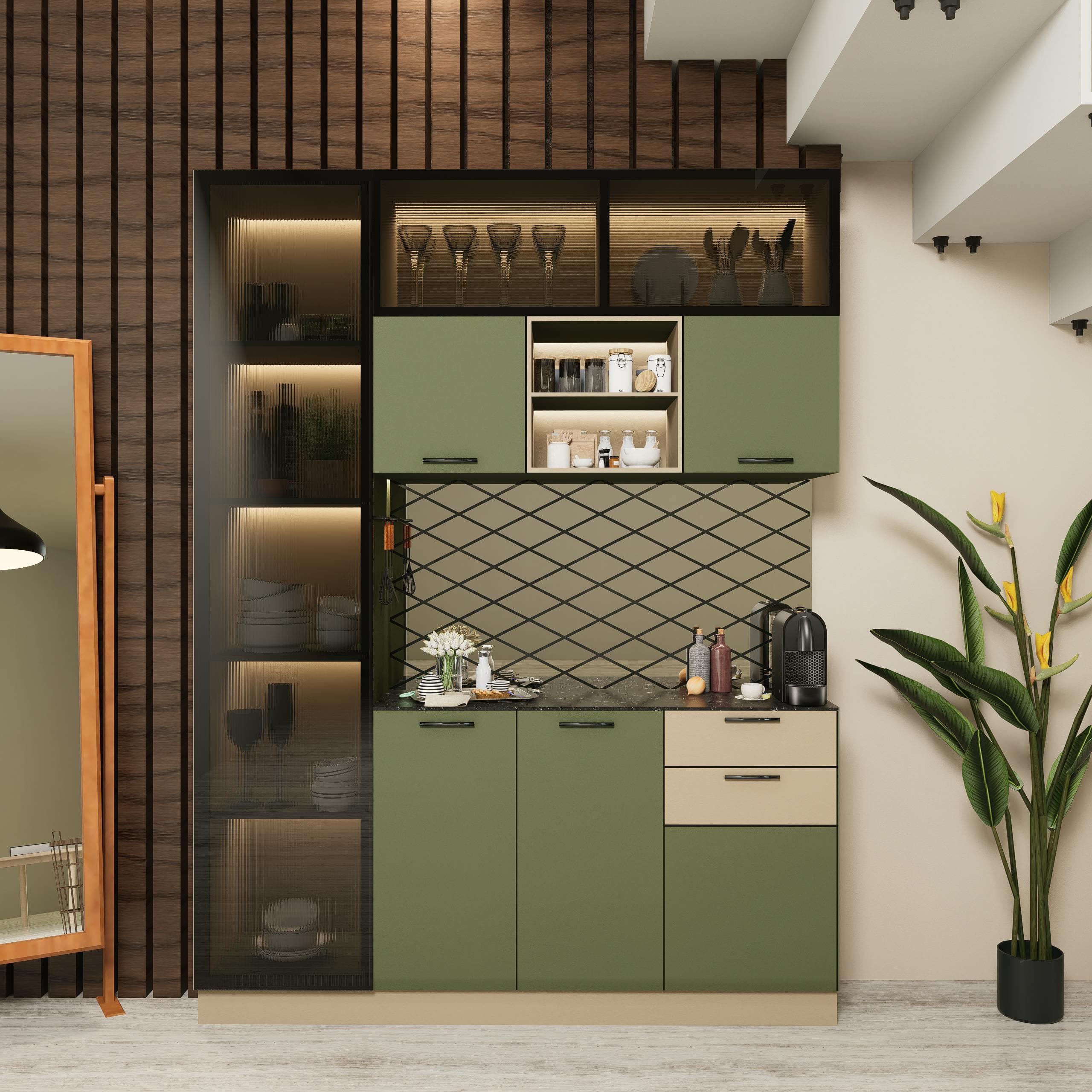Green and Wooden Finish Modular Kitchen